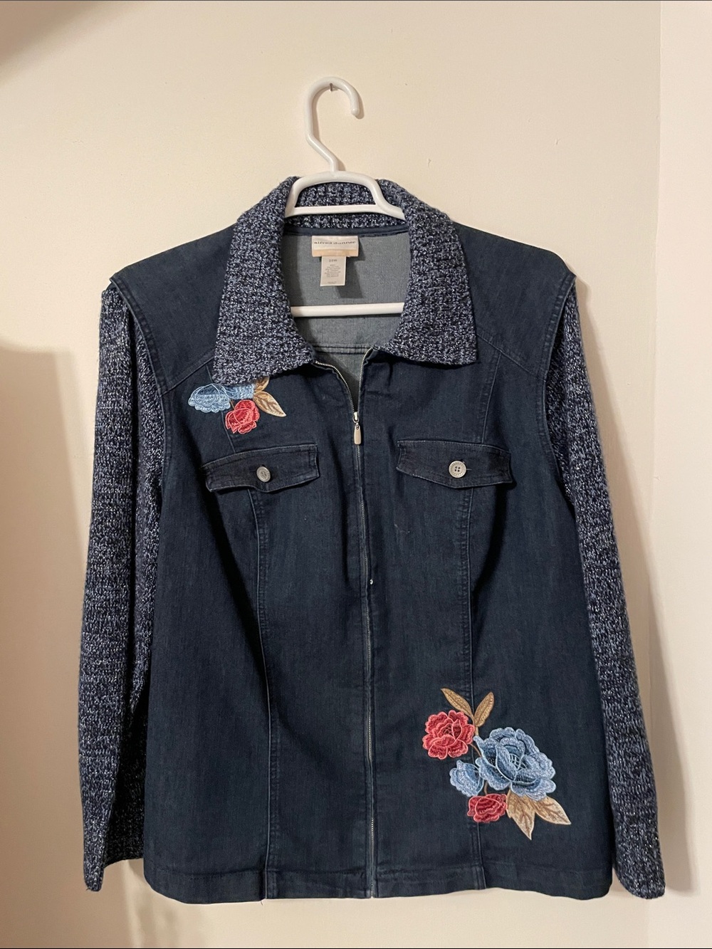 Women’s Navy Floral Embroidered Jacket with Knit Sleeves